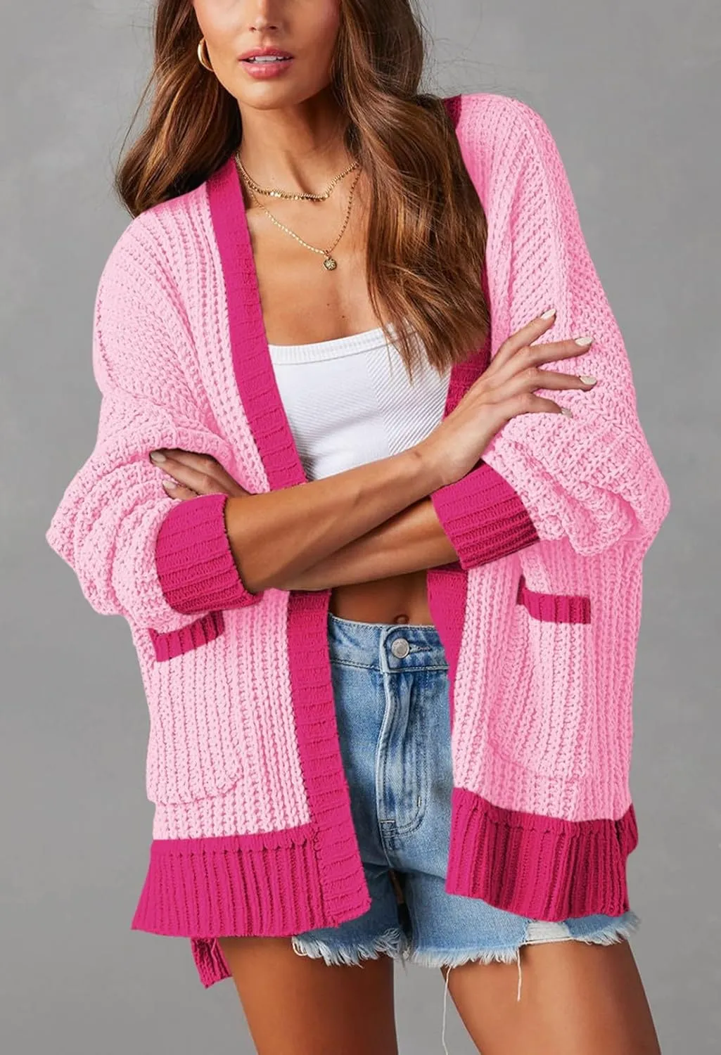Pink Queen Women's 2024 Fall Winter Long Sleeve Cardigan Casual Open Front Oversized Knit Sweater Outerwear with Pockets