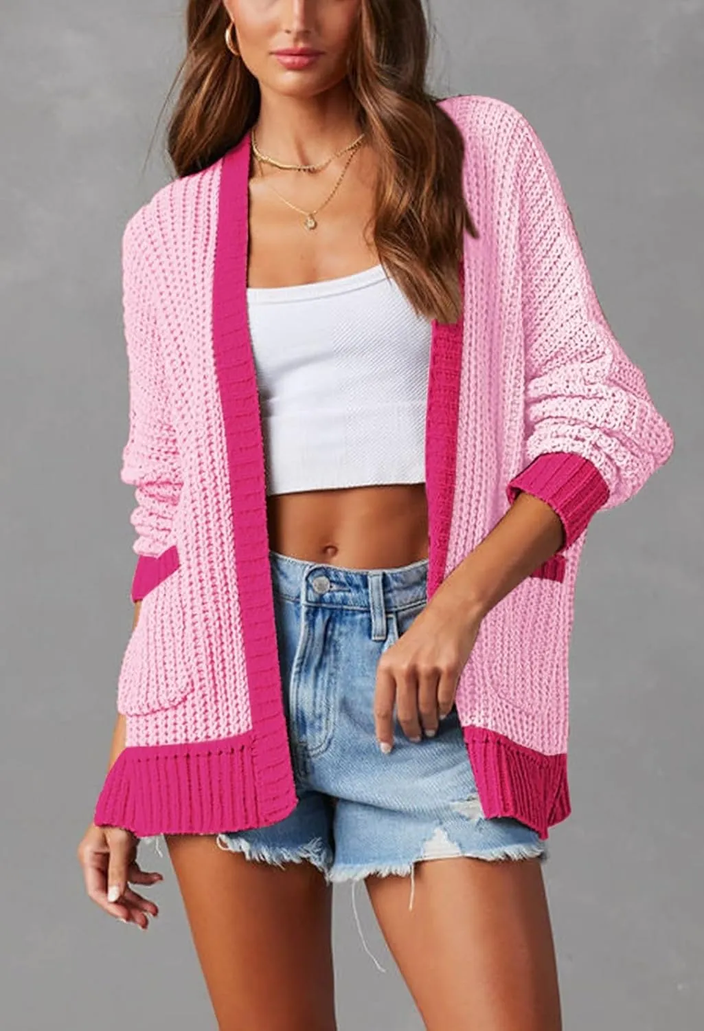 Pink Queen Women's 2024 Fall Winter Long Sleeve Cardigan Casual Open Front Oversized Knit Sweater Outerwear with Pockets