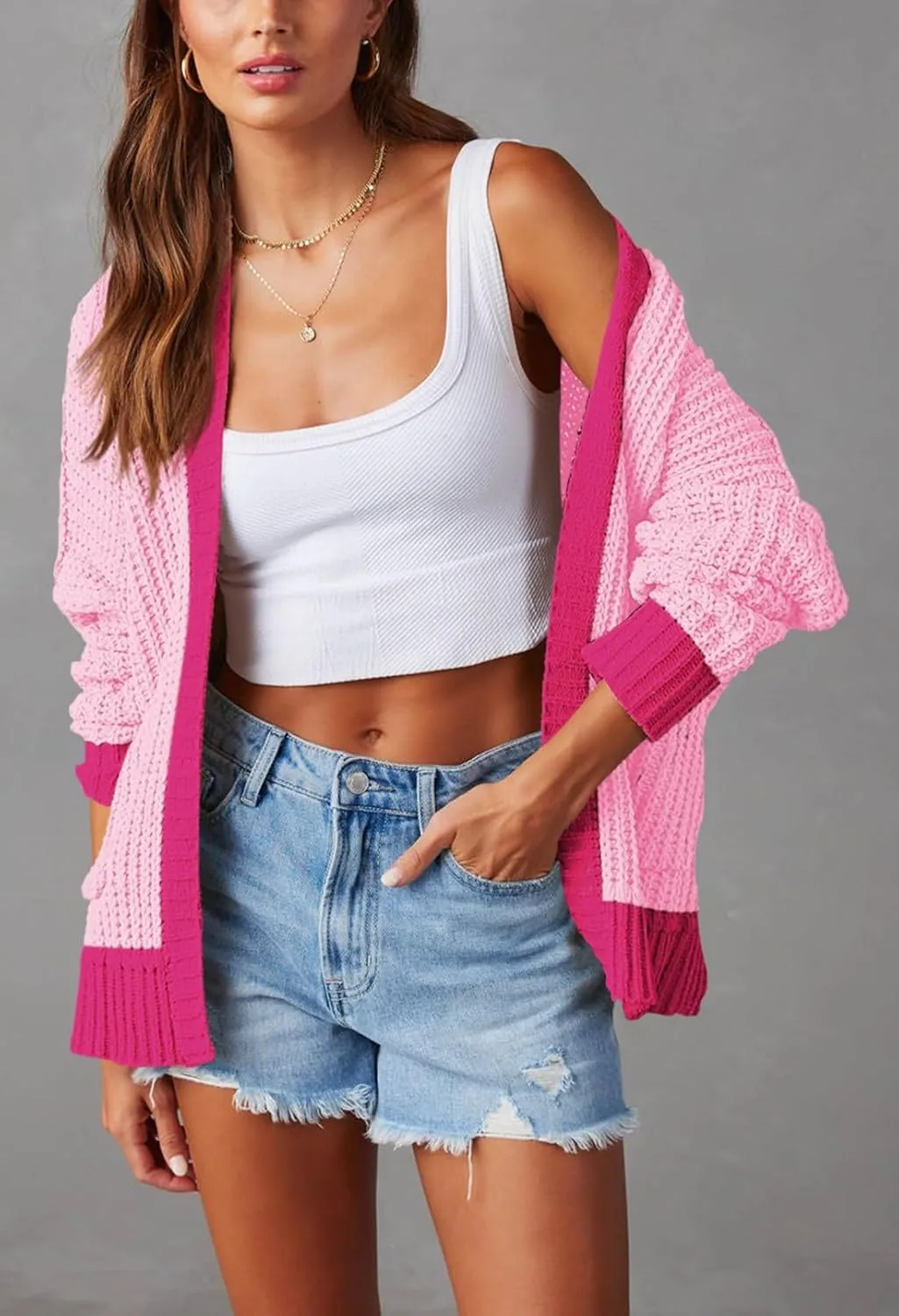 Pink Queen Women's 2024 Fall Winter Long Sleeve Cardigan Casual Open Front Oversized Knit Sweater Outerwear with Pockets