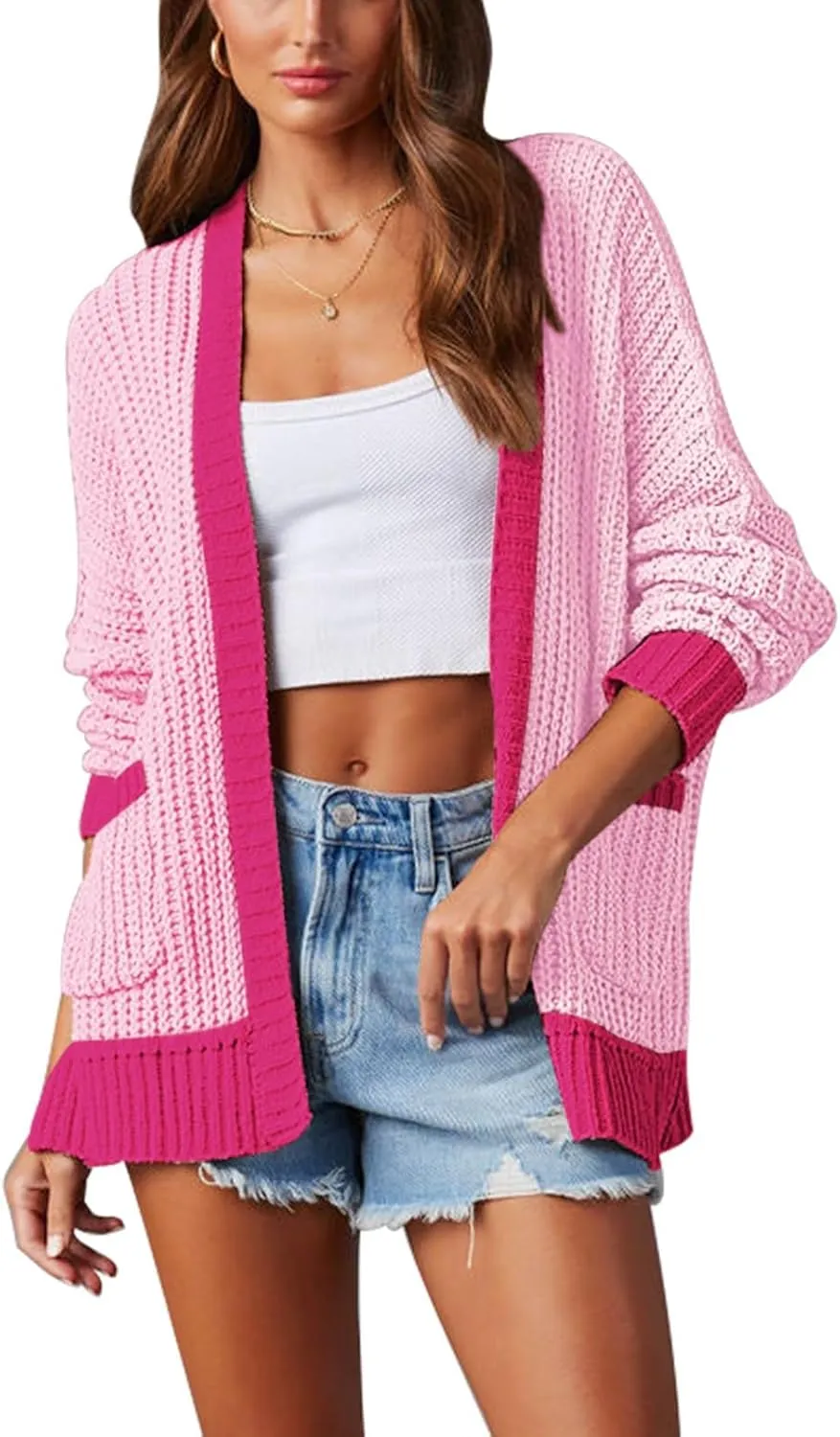 Pink Queen Women's 2024 Fall Winter Long Sleeve Cardigan Casual Open Front Oversized Knit Sweater Outerwear with Pockets