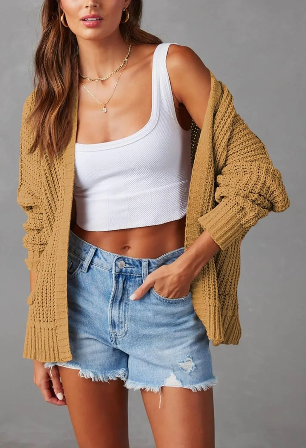 Pink Queen Women's 2024 Fall Winter Long Sleeve Cardigan Casual Open Front Oversized Knit Sweater Outerwear with Pockets