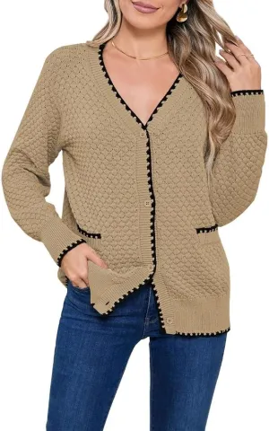 Pink Queen Women's Cropped Cardigan 2024 Long Sleeve V-Neck Button Down Knit Sweater Tops Open Front Lightweight