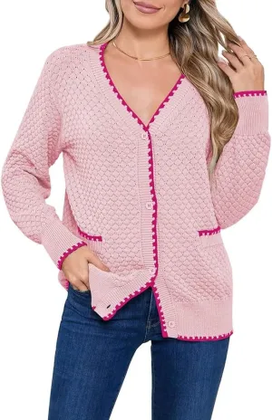 Pink Queen Women's Cropped Cardigan 2024 Long Sleeve V-Neck Button Down Knit Sweater Tops Open Front Lightweight