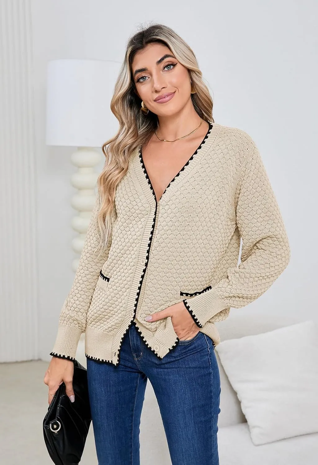 Pink Queen Women's Cropped Cardigan 2024 Long Sleeve V-Neck Button Down Knit Sweater Tops Open Front Lightweight