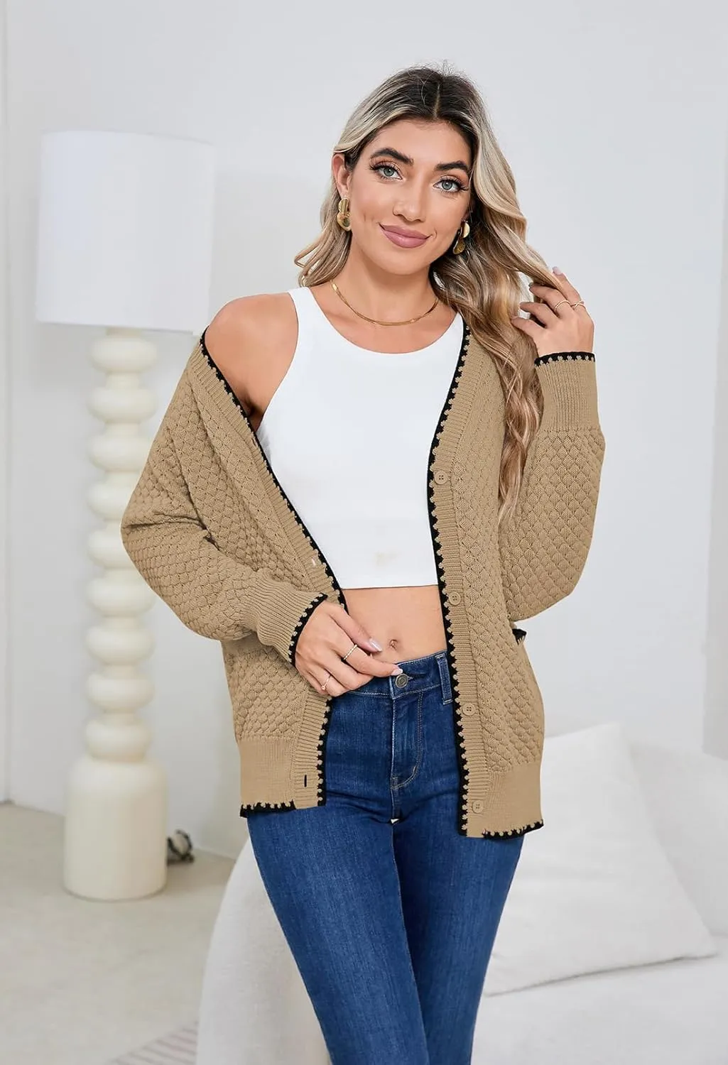 Pink Queen Women's Cropped Cardigan 2024 Long Sleeve V-Neck Button Down Knit Sweater Tops Open Front Lightweight