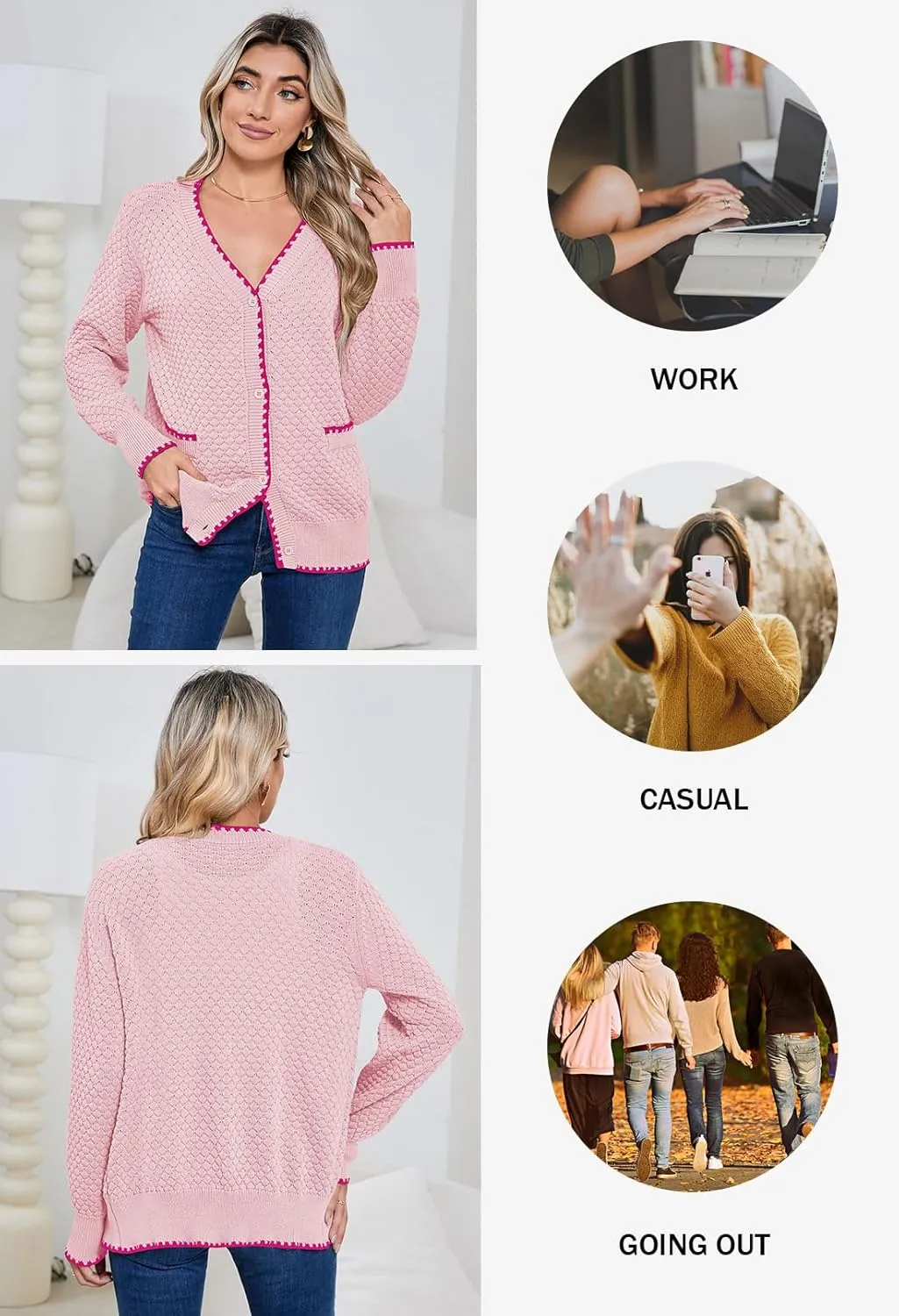 Pink Queen Women's Cropped Cardigan 2024 Long Sleeve V-Neck Button Down Knit Sweater Tops Open Front Lightweight