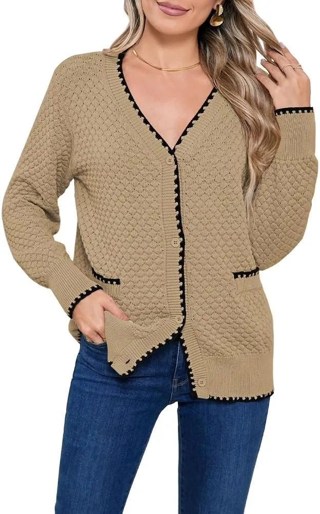 Pink Queen Women's Cropped Cardigan 2024 Long Sleeve V-Neck Button Down Knit Sweater Tops Open Front Lightweight
