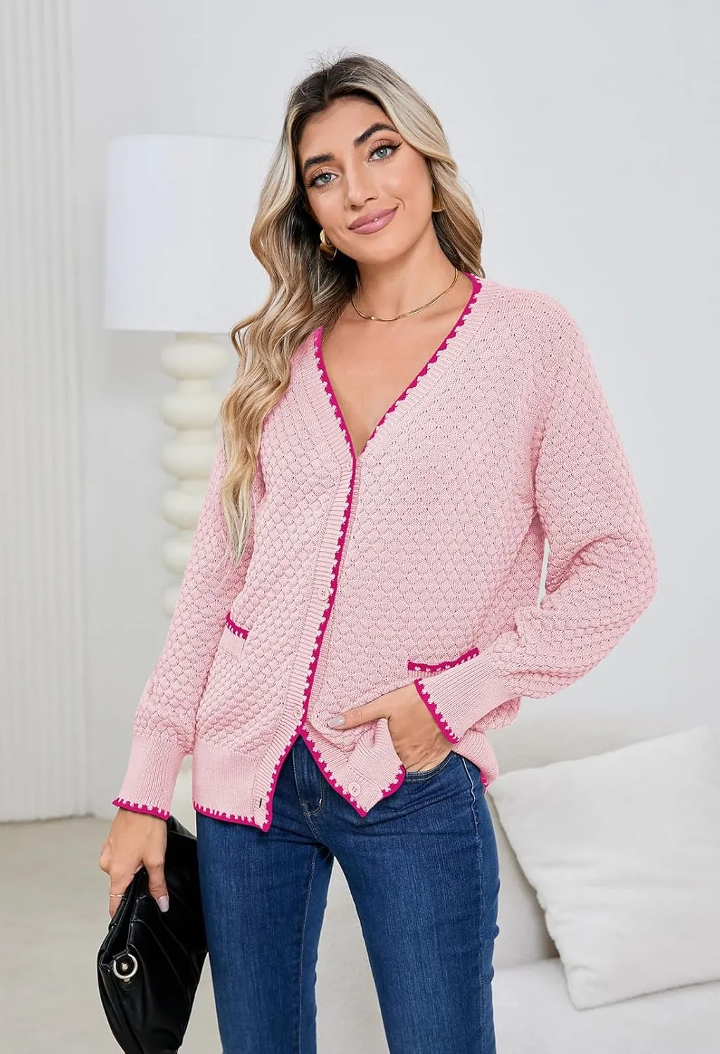 Pink Queen Women's Cropped Cardigan 2024 Long Sleeve V-Neck Button Down Knit Sweater Tops Open Front Lightweight