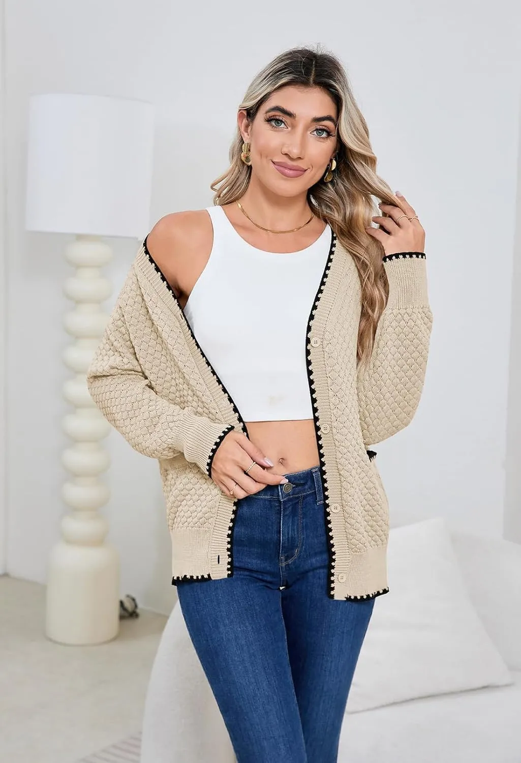 Pink Queen Women's Cropped Cardigan 2024 Long Sleeve V-Neck Button Down Knit Sweater Tops Open Front Lightweight