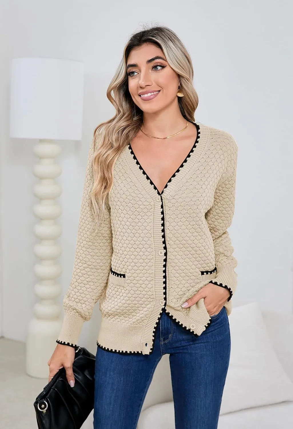 Pink Queen Women's Cropped Cardigan 2024 Long Sleeve V-Neck Button Down Knit Sweater Tops Open Front Lightweight