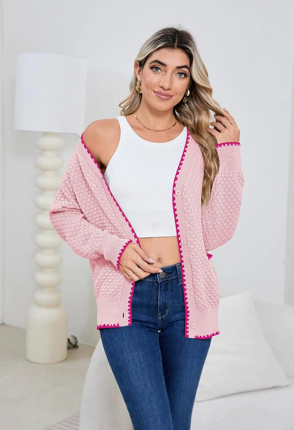 Pink Queen Women's Cropped Cardigan 2024 Long Sleeve V-Neck Button Down Knit Sweater Tops Open Front Lightweight