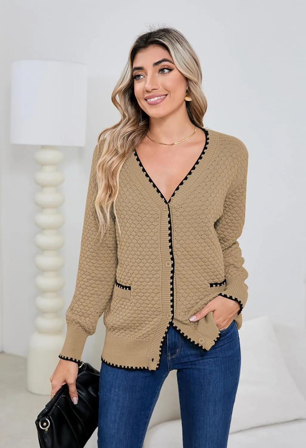 Pink Queen Women's Cropped Cardigan 2024 Long Sleeve V-Neck Button Down Knit Sweater Tops Open Front Lightweight