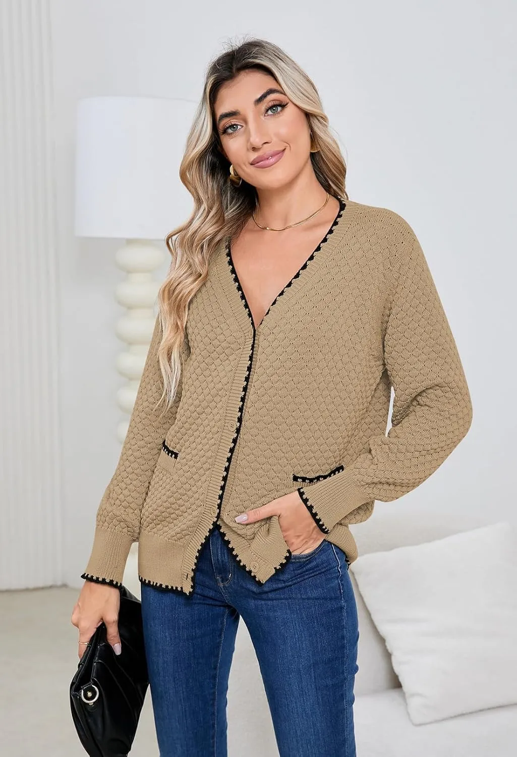 Pink Queen Women's Cropped Cardigan 2024 Long Sleeve V-Neck Button Down Knit Sweater Tops Open Front Lightweight