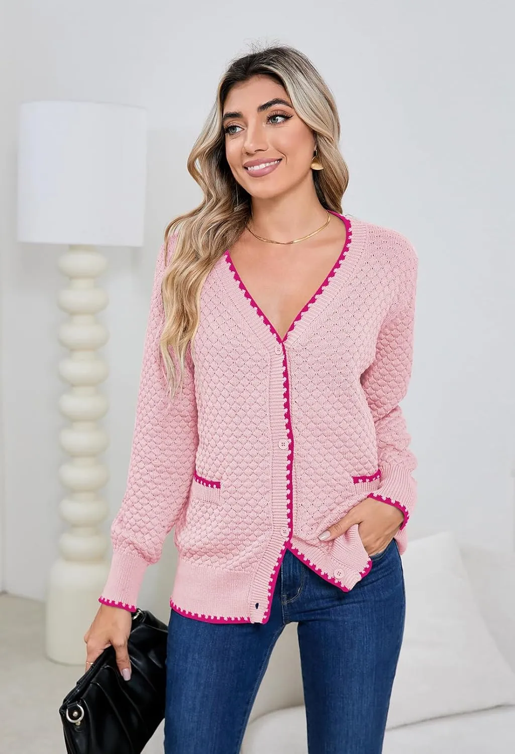 Pink Queen Women's Cropped Cardigan 2024 Long Sleeve V-Neck Button Down Knit Sweater Tops Open Front Lightweight