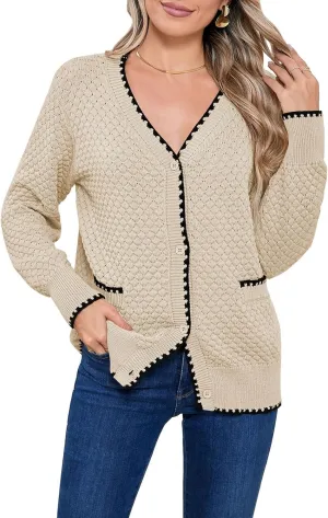 Pink Queen Women's Cropped Cardigan 2024 Long Sleeve V-Neck Button Down Knit Sweater Tops Open Front Lightweight