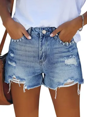 Pink Queen Women's High Waisted Denim Shorts Casual Ripped Summer Hot Short Jeans Frayed Distressed Jeans Shorts with Pockets