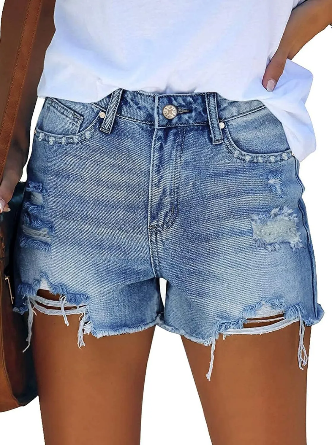 Pink Queen Women's High Waisted Denim Shorts Casual Ripped Summer Hot Short Jeans Frayed Distressed Jeans Shorts with Pockets