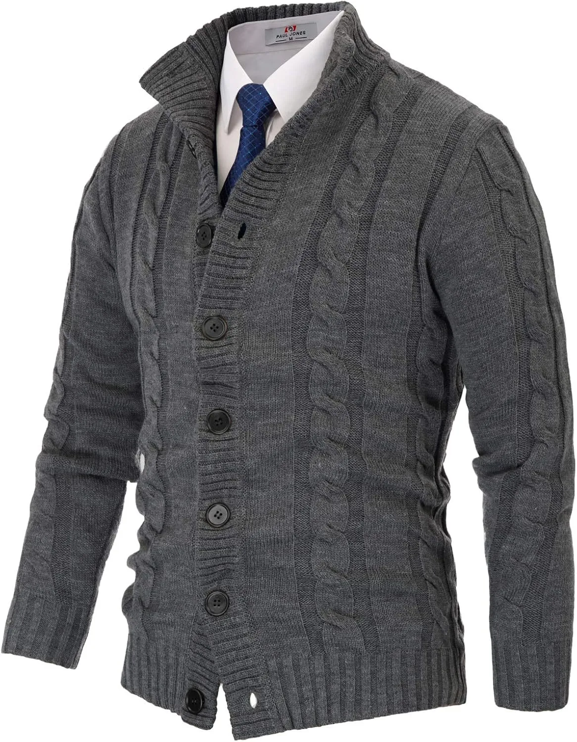 PJ PAUL JONES Men's Cardigan Sweaters Stand Collar Cable Knit Button Sweater