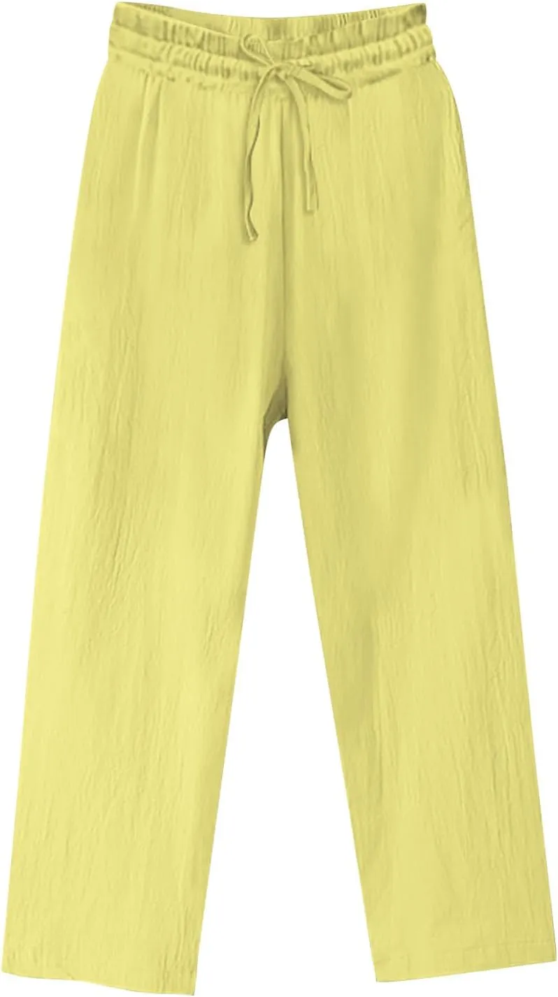Plus Size Wide Leg Linen Pants Women Summer Capri Palazzo Flowy Pants Casual Loose Solid Color High Waist Trousers