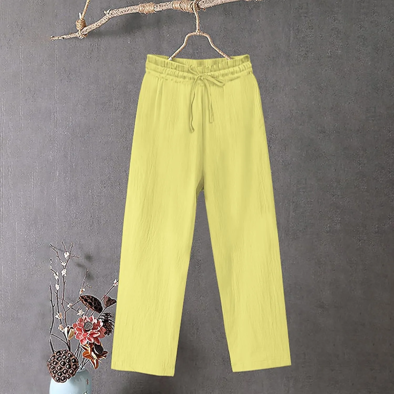 Plus Size Wide Leg Linen Pants Women Summer Capri Palazzo Flowy Pants Casual Loose Solid Color High Waist Trousers
