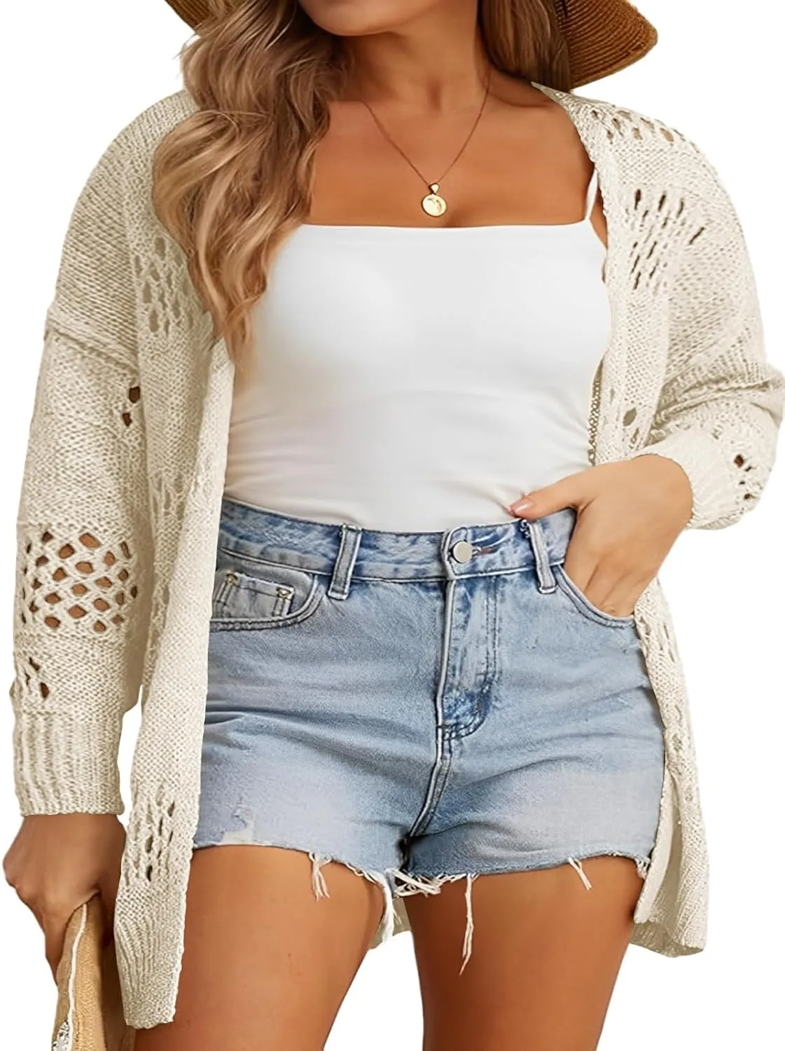 Plus Size Womens Crochet Cardigans Sweater Boho Long Sleeve Lightweight Oversized Open Front Loose Fit Knitted Tops