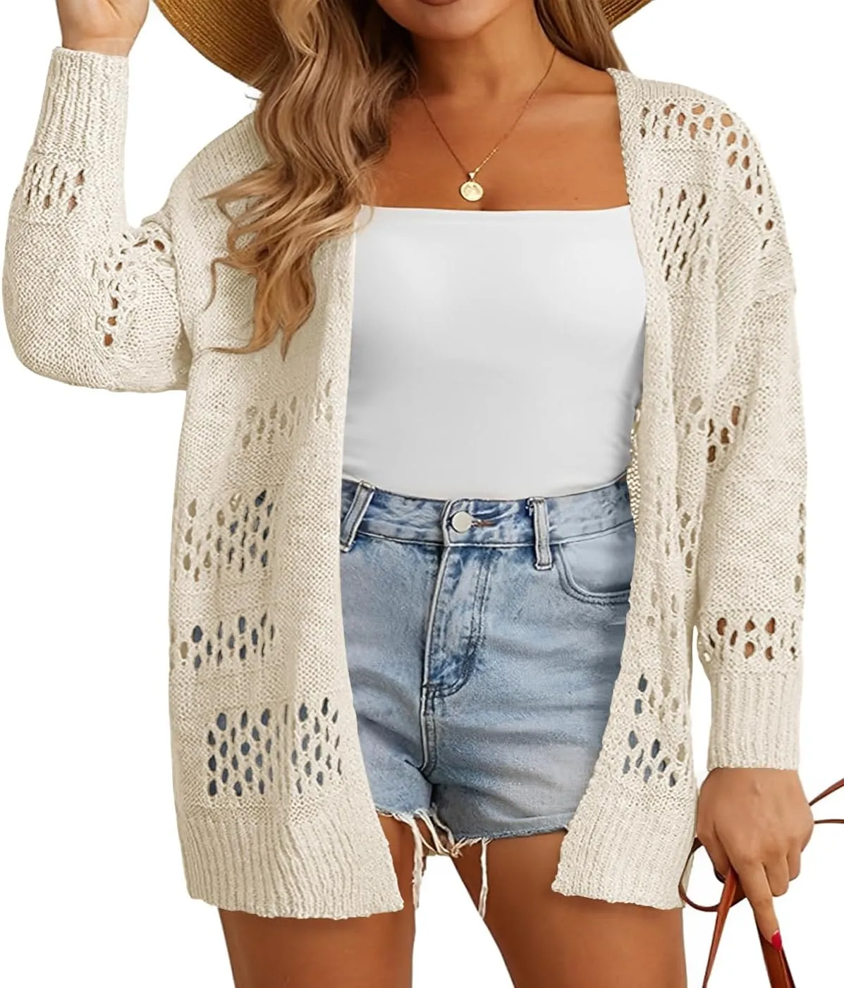 Plus Size Womens Crochet Cardigans Sweater Boho Long Sleeve Lightweight Oversized Open Front Loose Fit Knitted Tops