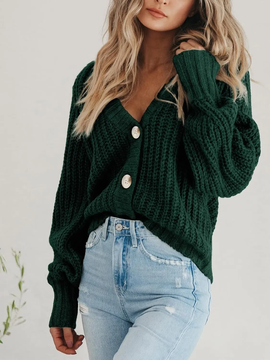 PRETTYGARDEN Women's Chunky Knit Open Front Sweater Long Sleeve Button Loose Short Cardigan Outerwear Coats
