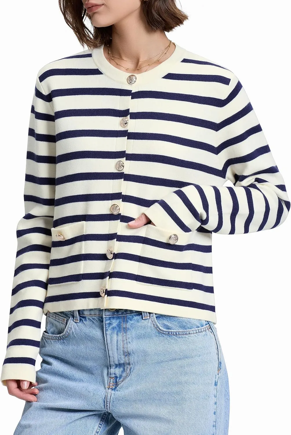 PrettyGuide Women's Striped Cardigan Sweaters Long Sleeve Button Down Fall Casual Cropped Knit Lady Jackets with Pockets