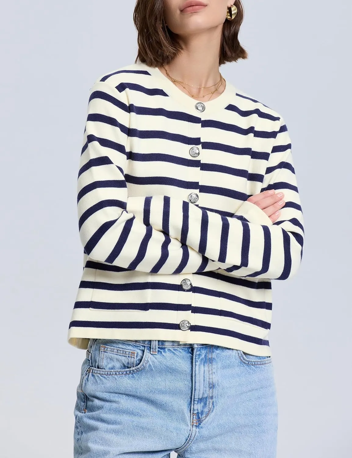 PrettyGuide Women's Striped Cardigan Sweaters Long Sleeve Button Down Fall Casual Cropped Knit Lady Jackets with Pockets