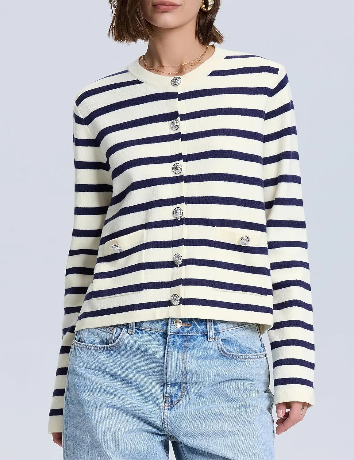 PrettyGuide Women's Striped Cardigan Sweaters Long Sleeve Button Down Fall Casual Cropped Knit Lady Jackets with Pockets
