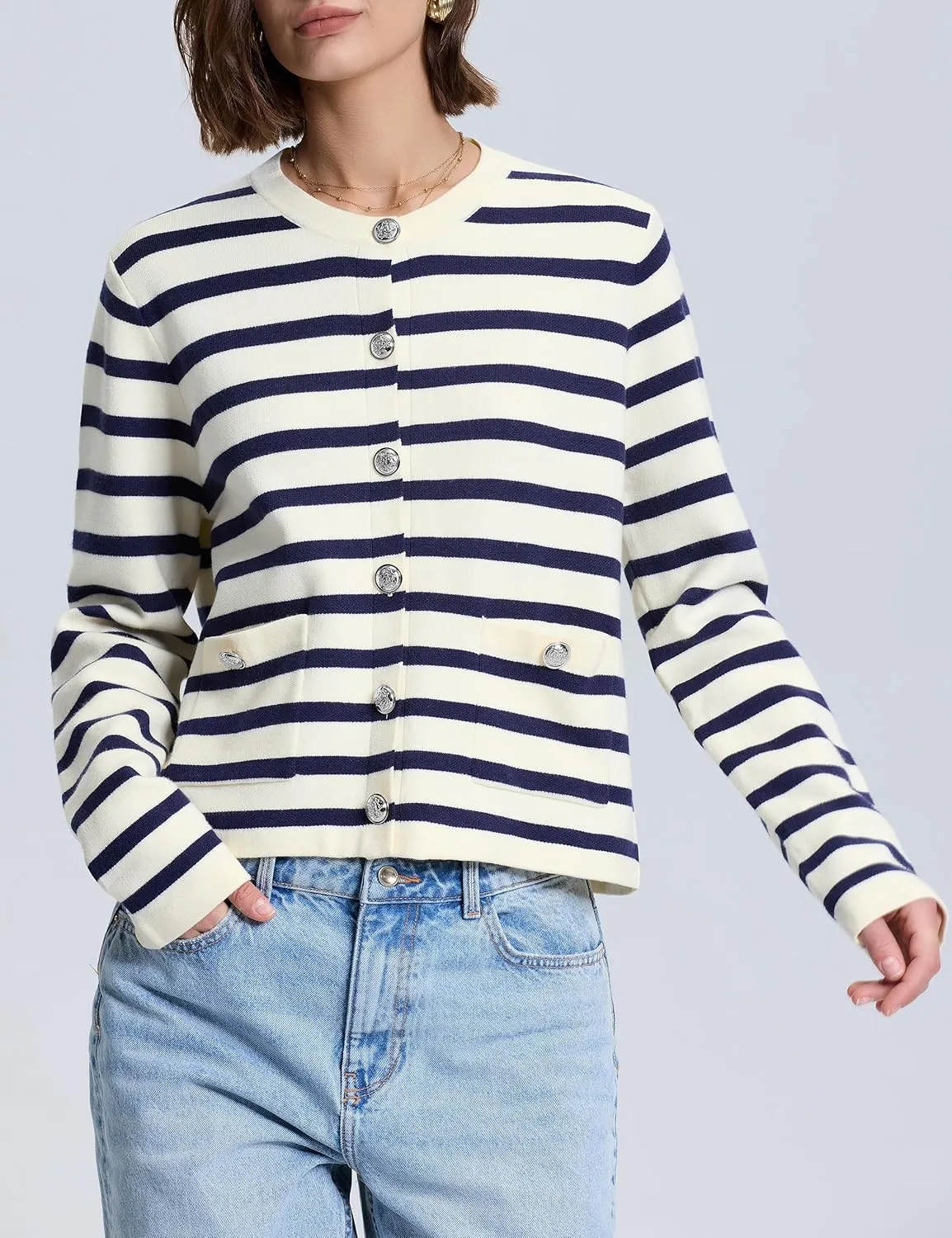 PrettyGuide Women's Striped Cardigan Sweaters Long Sleeve Button Down Fall Casual Cropped Knit Lady Jackets with Pockets