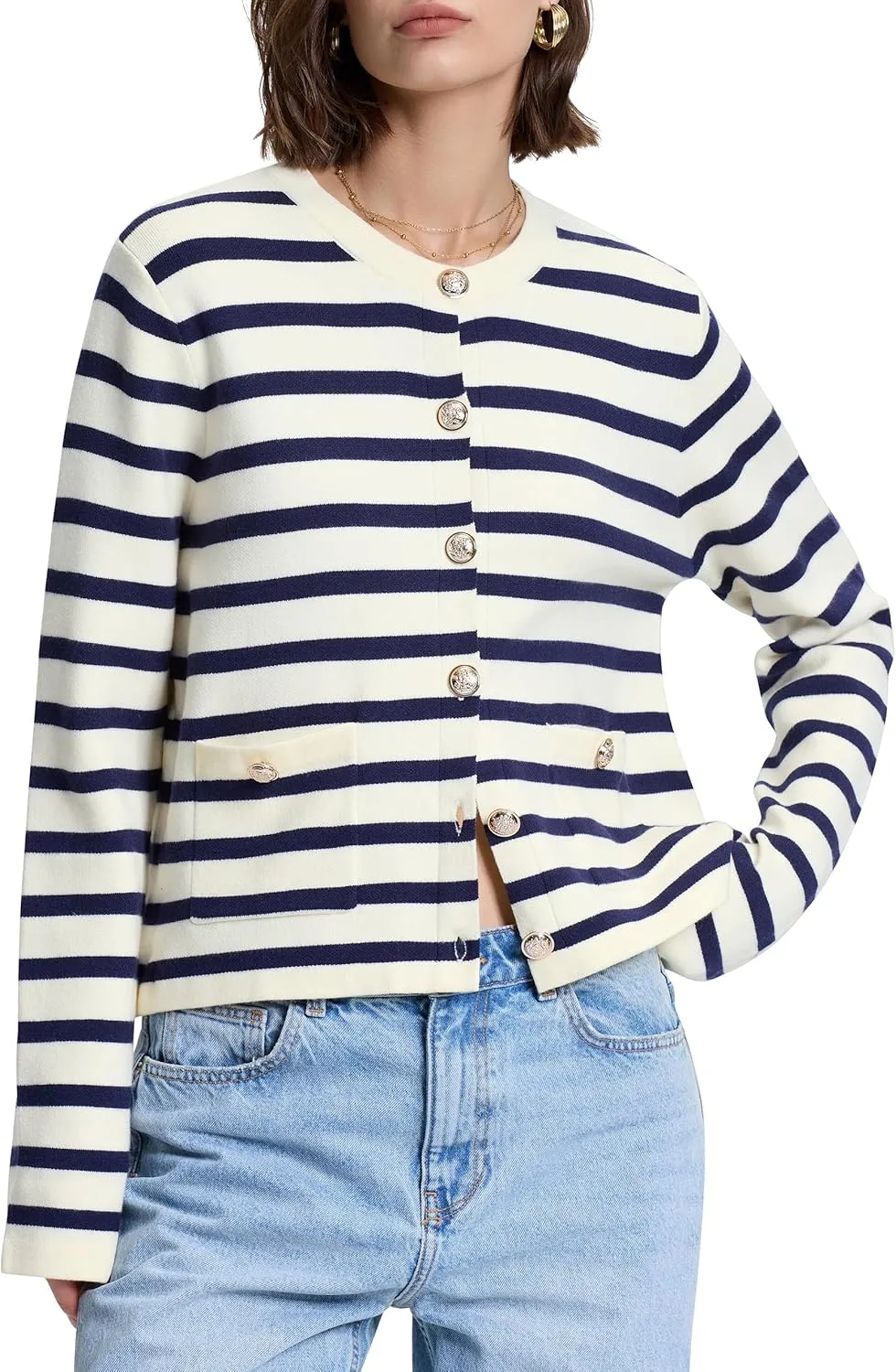 PrettyGuide Women's Striped Cardigan Sweaters Long Sleeve Button Down Fall Casual Cropped Knit Lady Jackets with Pockets