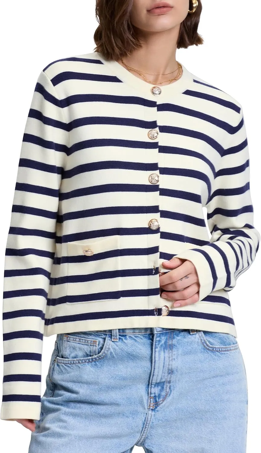 PrettyGuide Women's Striped Cardigan Sweaters Long Sleeve Button Down Fall Casual Cropped Knit Lady Jackets with Pockets