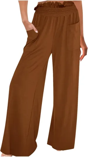 PTOLOCIF Palazzo Pants for Women,Drawstring High Waist Palazzo Pants Wide Leg Cotton Pants Summer Beach Loose Trousers