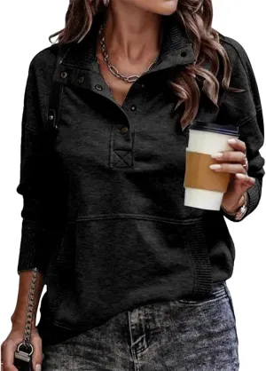 Pullover Sweatshirts for Women Henley Sweatshirts Casual Long Sleeve Hoodies Button V Neck Tops Loose Tunic Tops