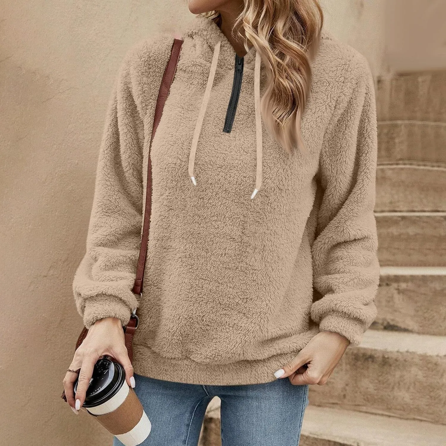 Quarter Zip Pullover Women Comfy Warm Sherpa Fleece Hooded Sweatshirts Ladies 1/4 Zip Winter Sweaters Outwear