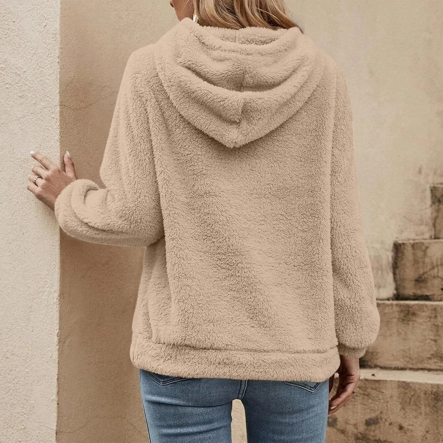 Quarter Zip Pullover Women Comfy Warm Sherpa Fleece Hooded Sweatshirts Ladies 1/4 Zip Winter Sweaters Outwear