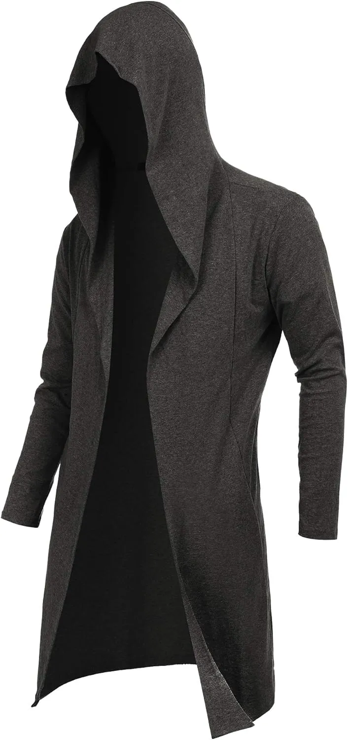 RAGEMALL Mens Long Cardigan Open Front Draped Lightweight Hooded Sweater with Pockets