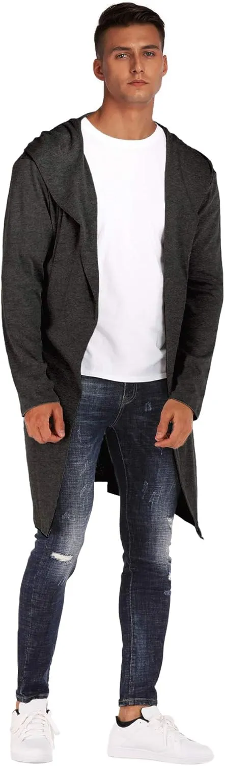 RAGEMALL Mens Long Cardigan Open Front Draped Lightweight Hooded Sweater with Pockets