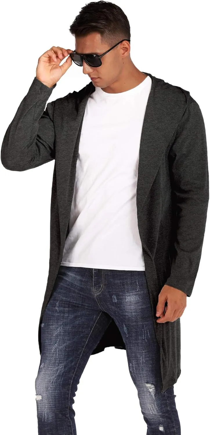 RAGEMALL Mens Long Cardigan Open Front Draped Lightweight Hooded Sweater with Pockets