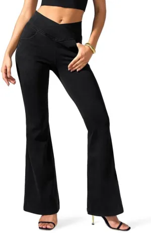 Rammus Flare Jeans for Women Crossover High Waisted Bell Bottom Jeans Trendy Yoga Pants Stretchy Flare Leggings with Pockets