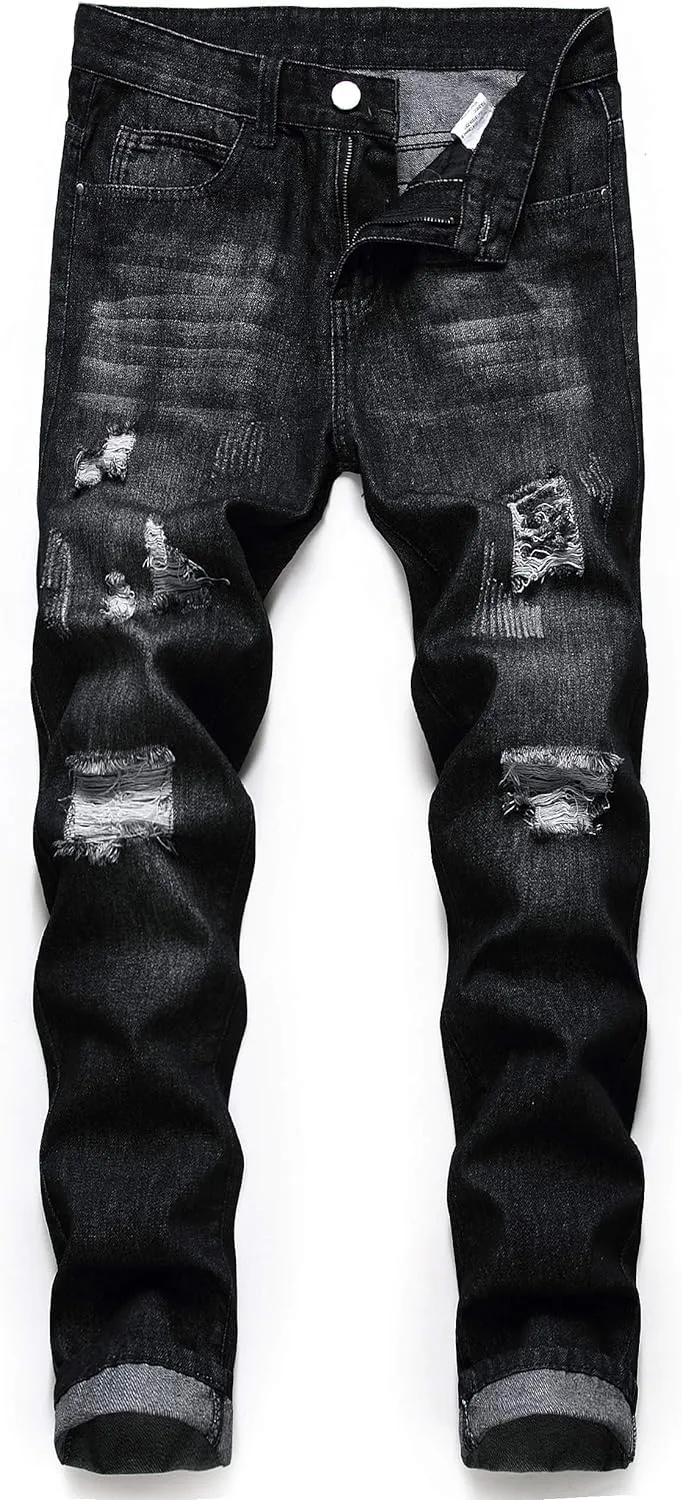 Ripped Jeans for Men Slim Denim Regular Fit Tapered Leg Distressed Destroyed Pants Mens Jeans with Hole