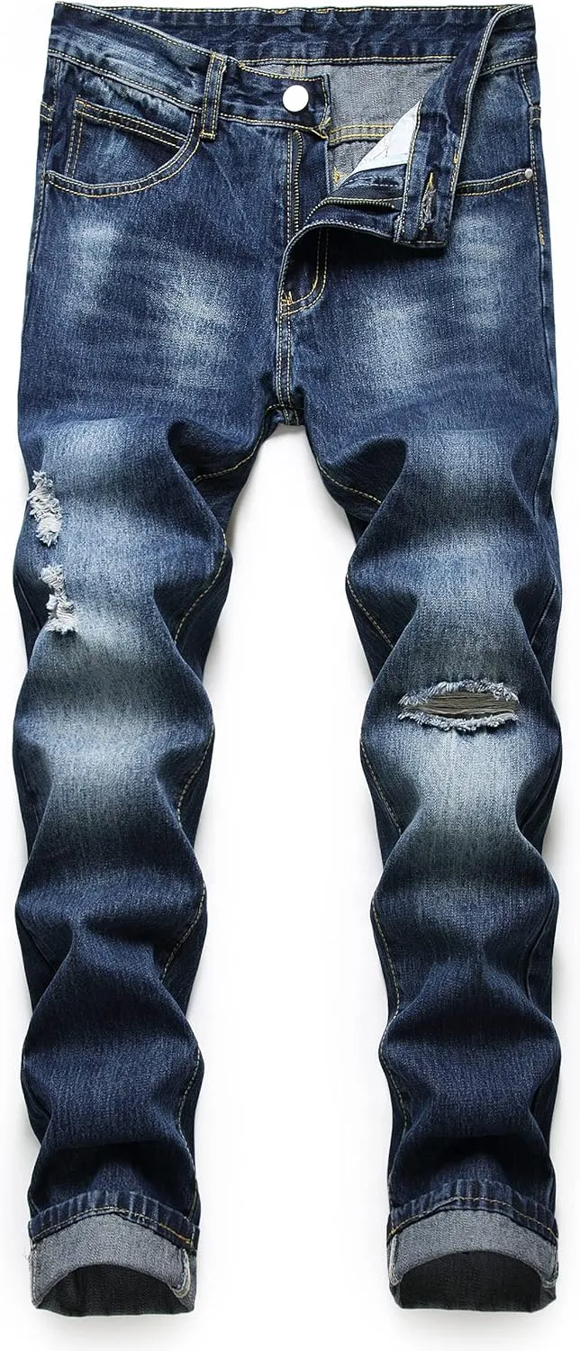 Ripped Jeans for Men Slim Denim Regular Fit Tapered Leg Distressed Destroyed Pants Mens Jeans with Hole