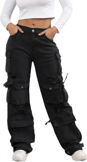 Ryehack Womens Baggy Jeans Y2k Cargo Jeans Casual High Waist Baggy Denim Cargo Pants with Pockets Streetwear