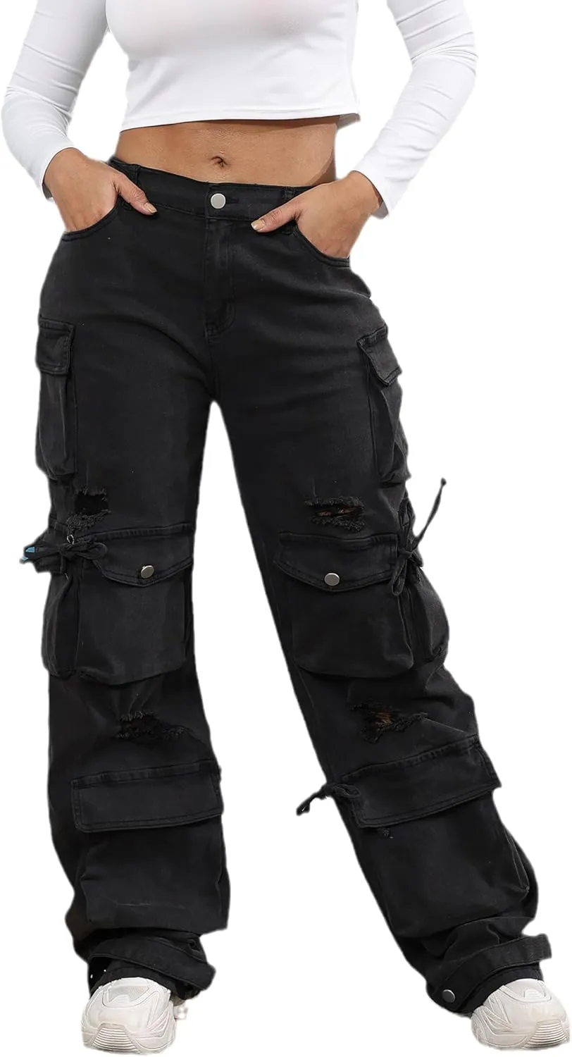 Ryehack Womens Baggy Jeans Y2k Cargo Jeans Casual High Waist Baggy Denim Cargo Pants with Pockets Streetwear