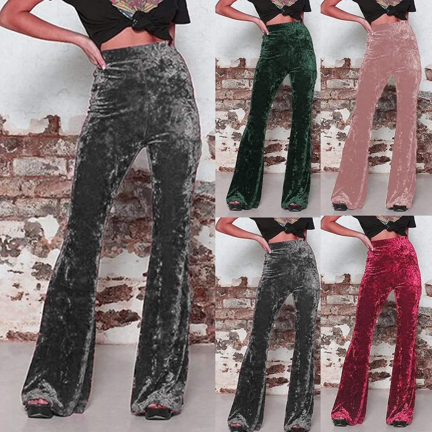 sdbrld Velvet Pants Women High Waisted Wide Leg Flare Elastic Waist Pull On Trousers Sparkle Pants
