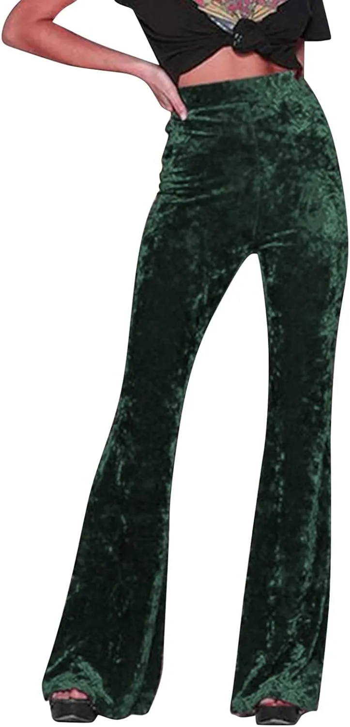 sdbrld Velvet Pants Women High Waisted Wide Leg Flare Elastic Waist Pull On Trousers Sparkle Pants