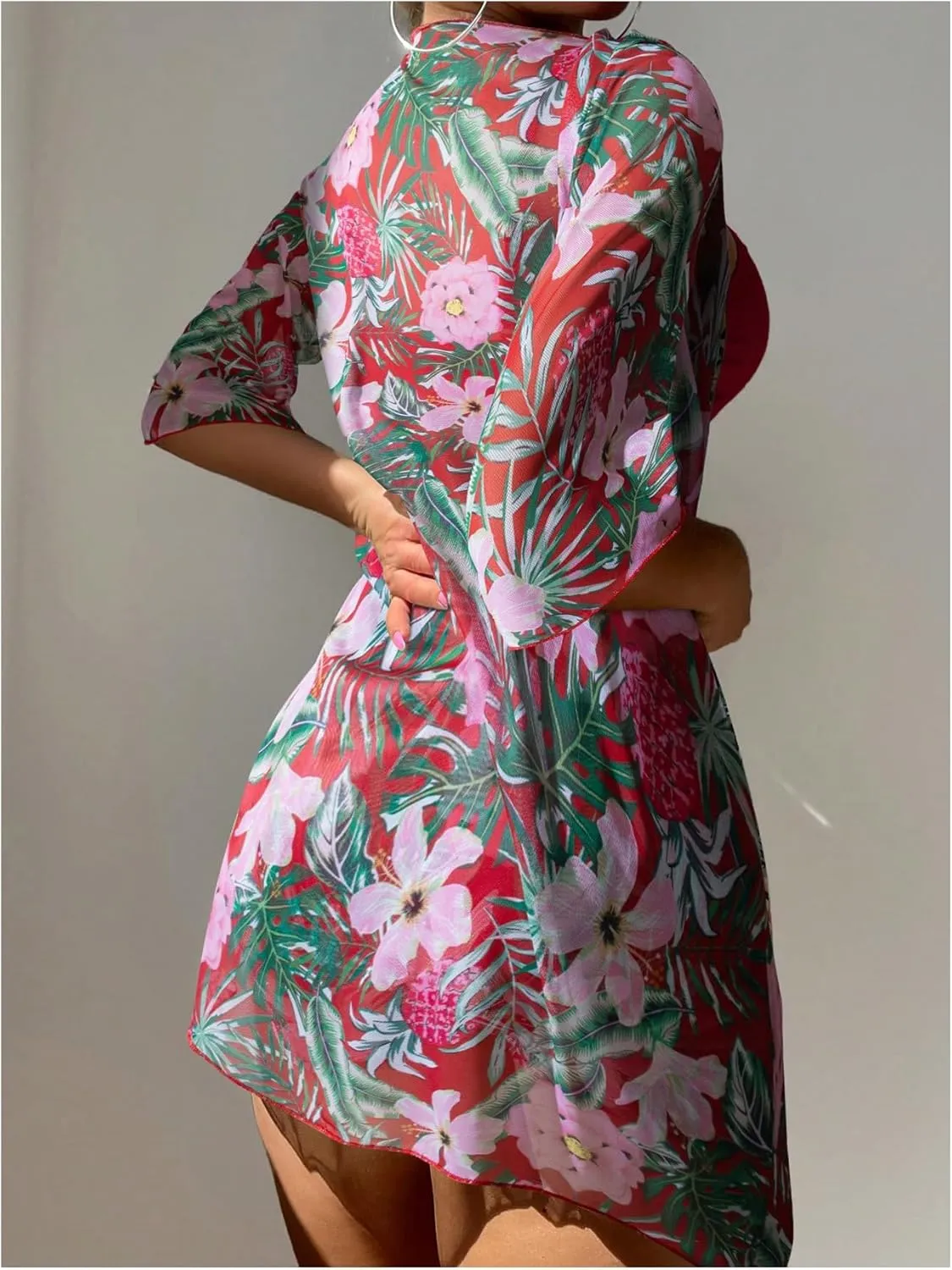 SHENHE Women's Tropical Bikini Set High Waisted Boyshorts 3 Piece Swimsuits with Kimono Cover Up
