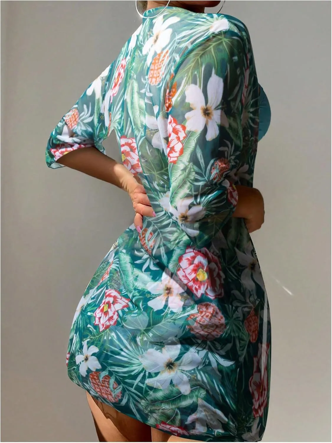 SHENHE Women's Tropical Bikini Set High Waisted Boyshorts 3 Piece Swimsuits with Kimono Cover Up