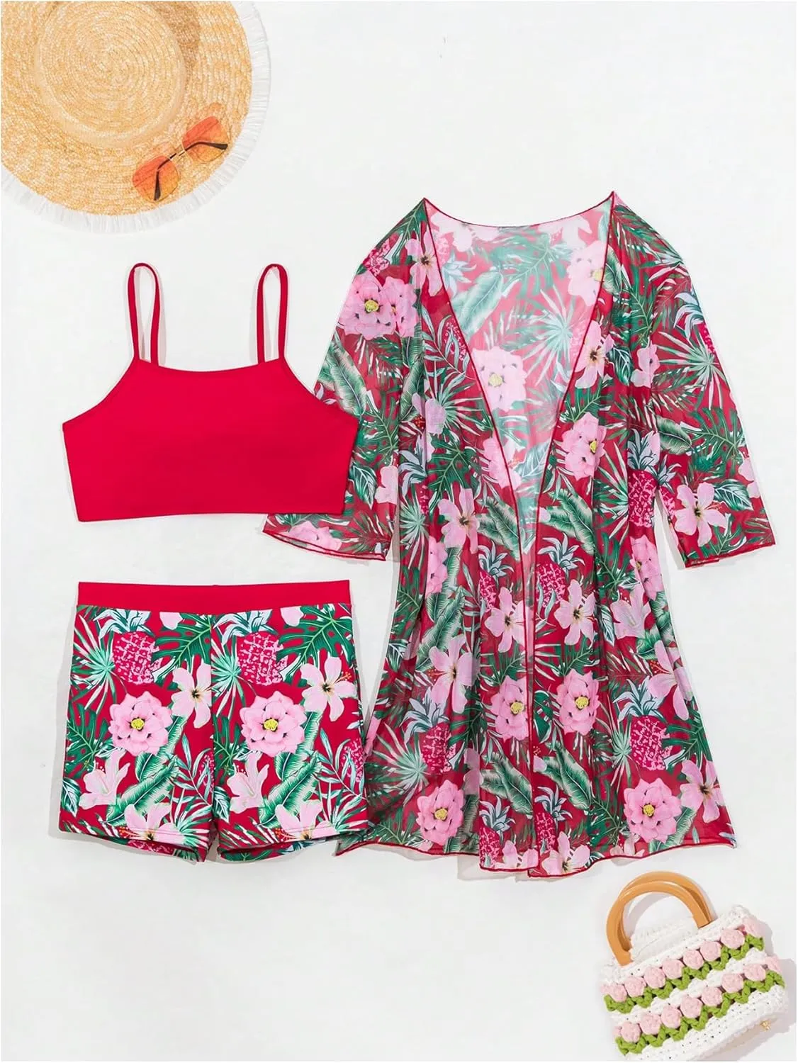 SHENHE Women's Tropical Bikini Set High Waisted Boyshorts 3 Piece Swimsuits with Kimono Cover Up